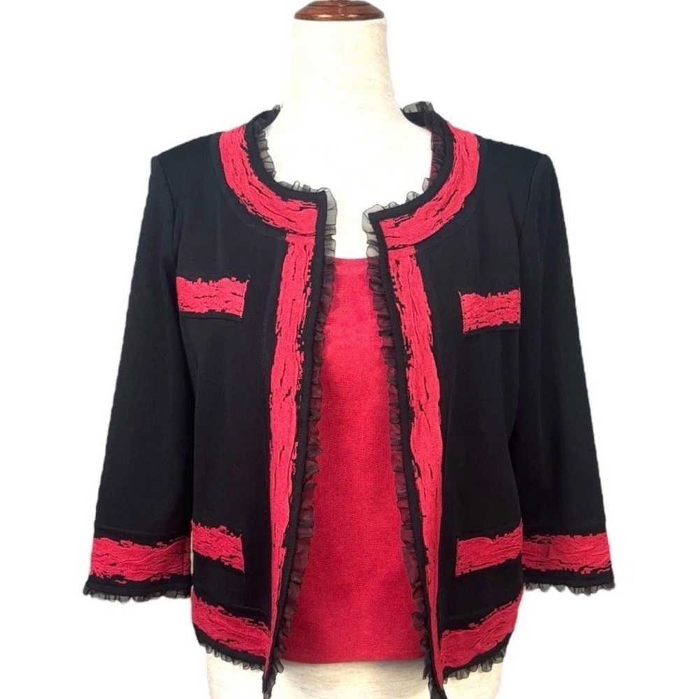 Ming Wang Petites 2 Piece Jacket Shell Set Size PS Knit Black Pink Open Ruffle